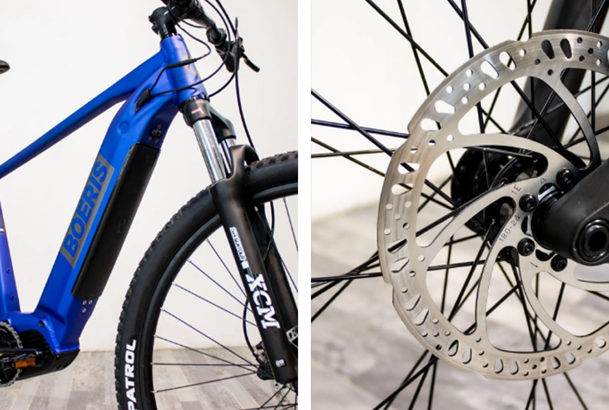 Dettagli sulla forcella e sul cambio in due immagini di una E-bike Lumina di colore blu di Boeris Bikes Torino