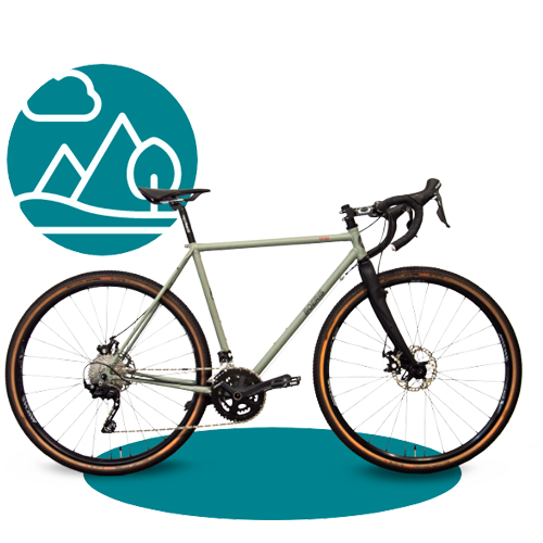 Gravel Serie X Perfromance verde di Boeris Bikes Torino con icona stilizzata di una strada color ottanio