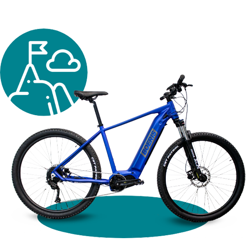 e-bike e e-mtb lumina blu di Boeris Bikes Torino con icona stilizzata di montagne color ottanio
