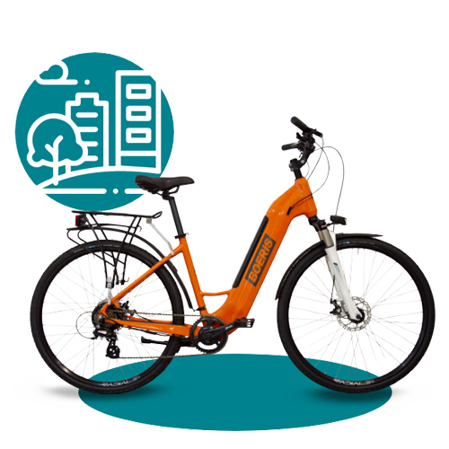 e-bike e e-trekking Puma arancione di Boeris Bikes Torino con icona stilizzata di una città color ottanio