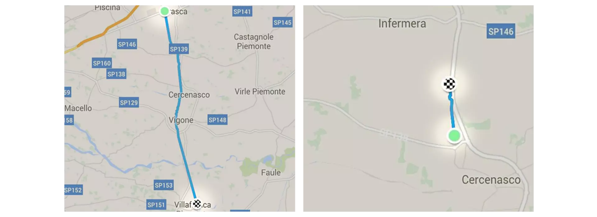 Screenshot di Google maps del percorso della via delle risorgive da Villafranca a Airasca
