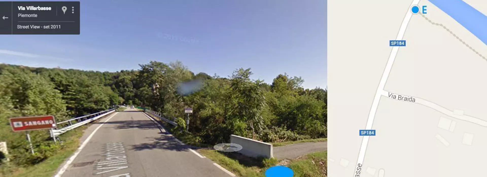 Screenshot di Google maps Sangano (Via Villarbasse) Inizio o Fine percorso con evidenziato il punto E della via fluviale del Sangone Fiume 