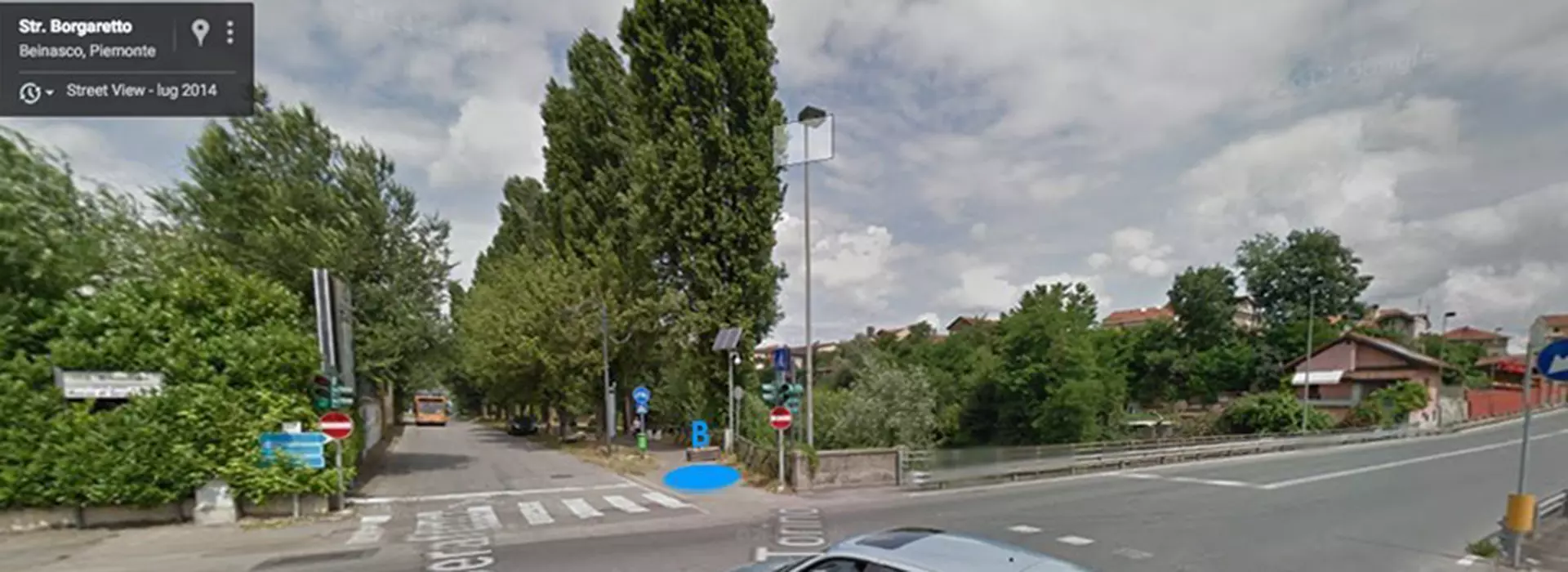 Screenshot di Google maps del Tratto Beinasco ( strada Orbassano – Provinciale 6) - Rivalta( strada circonvallazione di Rivalta) con evidenziato il punto B della via fluviale del Sangone Fiume