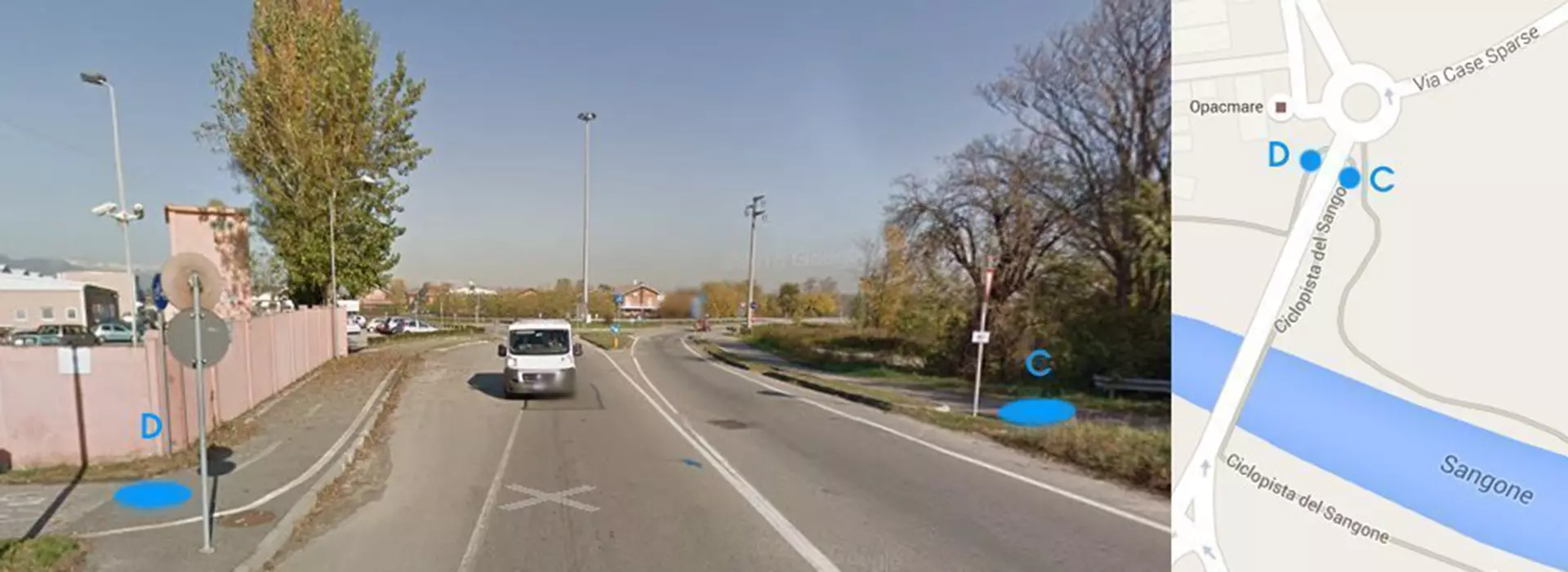 Screenshot di Google maps del Tratto Rivalta ( strada circonvallazione di Rivalta) – Rivalta (via Piossasco) con evidenziati i punti D e C della via fluviale del Sangone Fiume 