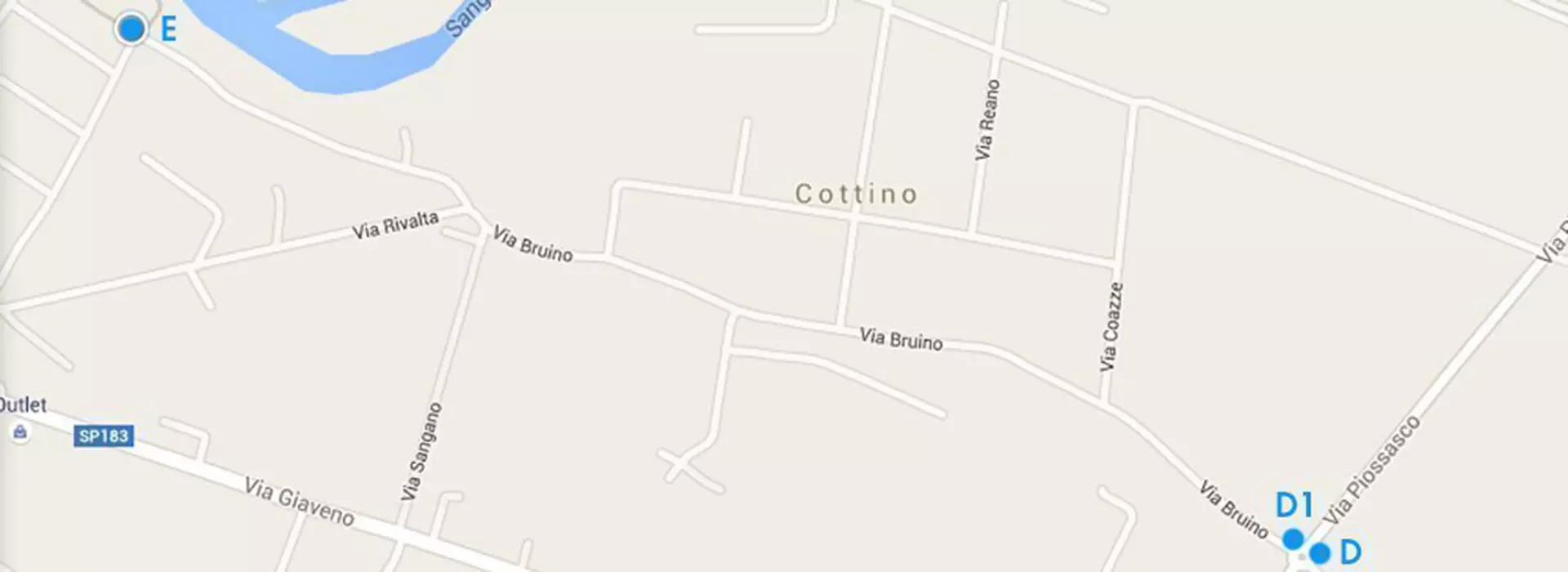 Screenshot di Google maps del Tratto Bruino ( Via Bruino) - Sangano (Via Villarbasse) con evidenziati i punti D D1 ed E della via fluviale del Sangone Fiume