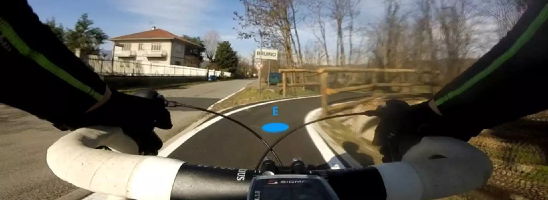 Immgine Frontale in Bicicletta Boeris Bikes Torino del Tratto Rivalta – Bruino con evidenziato il punto E della via fluviale del Sangone Fiume 