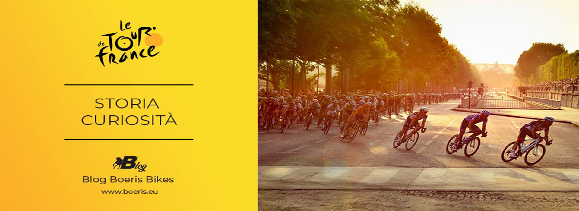Copertina Articolo di Boeris Bikes Torino Sulla storia e curiosità del Tour de France corridori in gruppo sugli Champs Èlysées