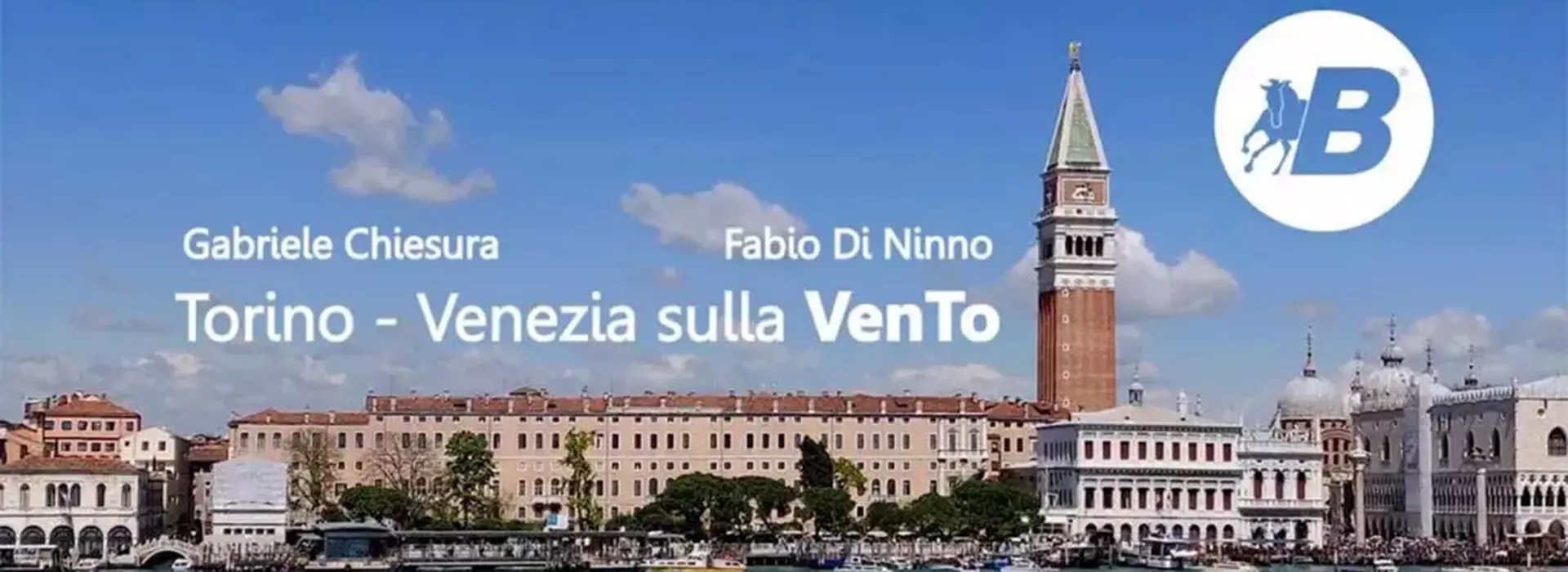 copertina articolo e del video Torino - Venezia in bicicletta con Gabriele Chiesura e Fabio di Ninno, con la bella veduta di Venezia e piazza San Marco