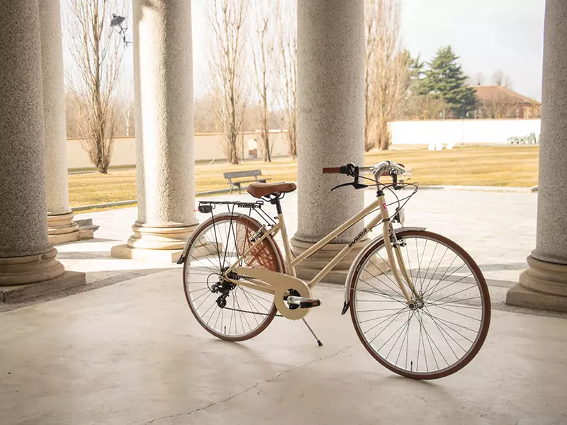 City Bike Retrò Boeris Bikes Torino beige vicino al Mausoleo della Bella Rosina Mirafiori Torino