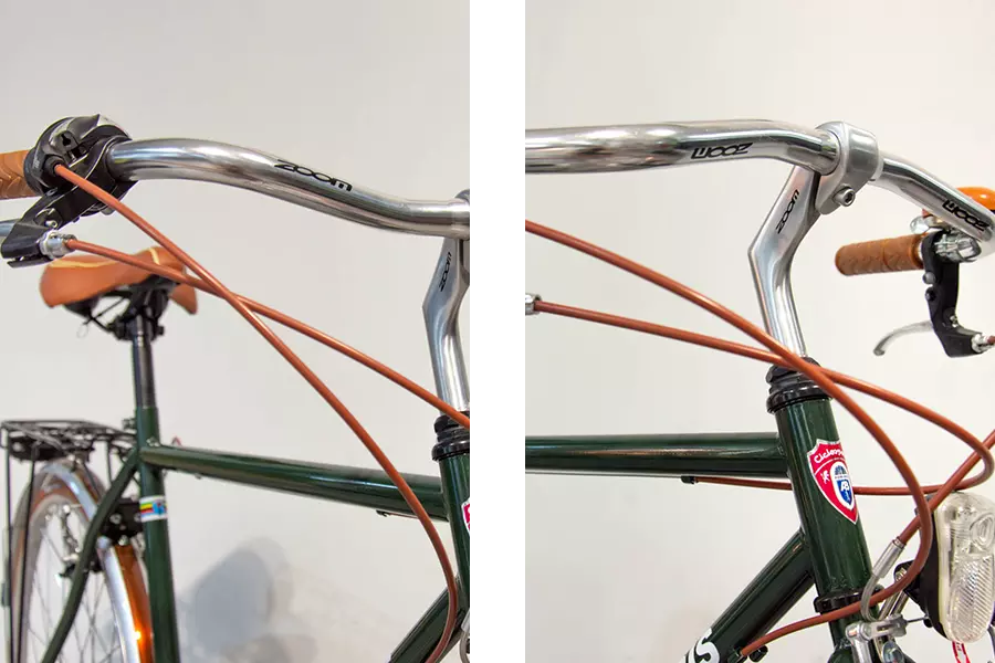 Due immagini del manubrio di una city bike Boeirs Bikes Torino verde con sella, manopole manubrio e copertoni marroni