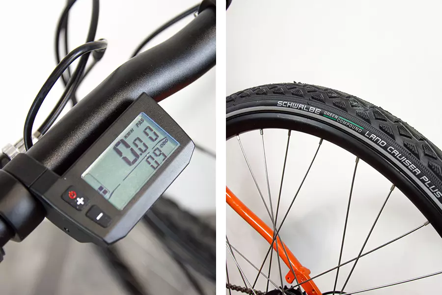 Due immagini di dettagli del copertone e del display di una E-bike E-trekking Puma Boeris Bikes Torino arancione