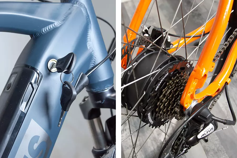 Due immagini di dettagli di una E-bike E-trekking Puma Boeris Bikes Torino blu e arancione