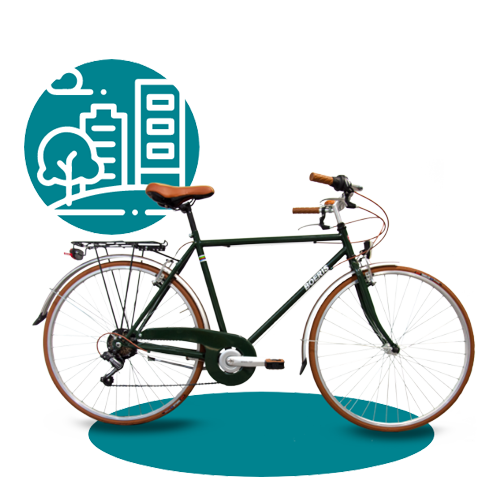 city bike retrò Boeris Bikes Torino color verdone e marrone con icona stilizzata di una città color ottanio