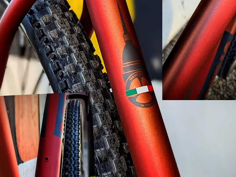 3 dettagli di una MTB action Boeris Bikes Torino rossa con logo in evidenza
