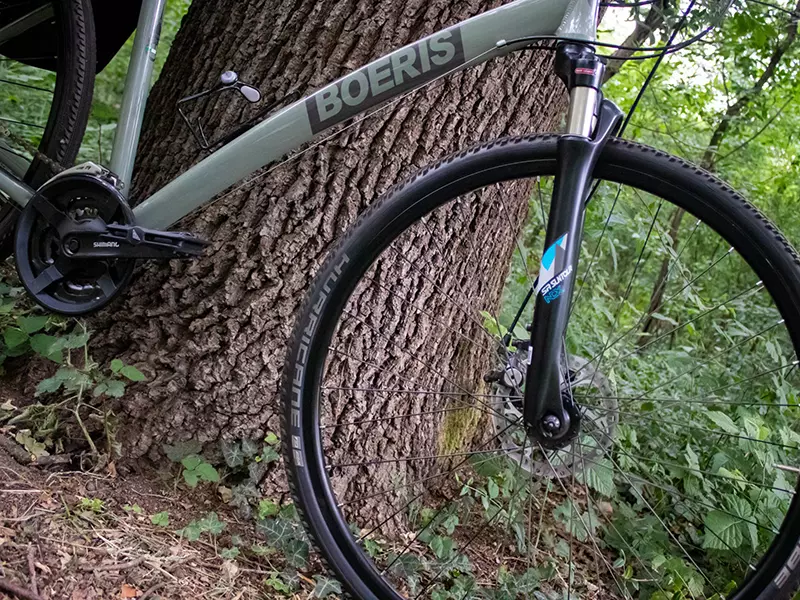 Dettaglio dell'anteriore di una Trekking Bike Bikepacking verde fotofrata vicino ad un albero in un bosco