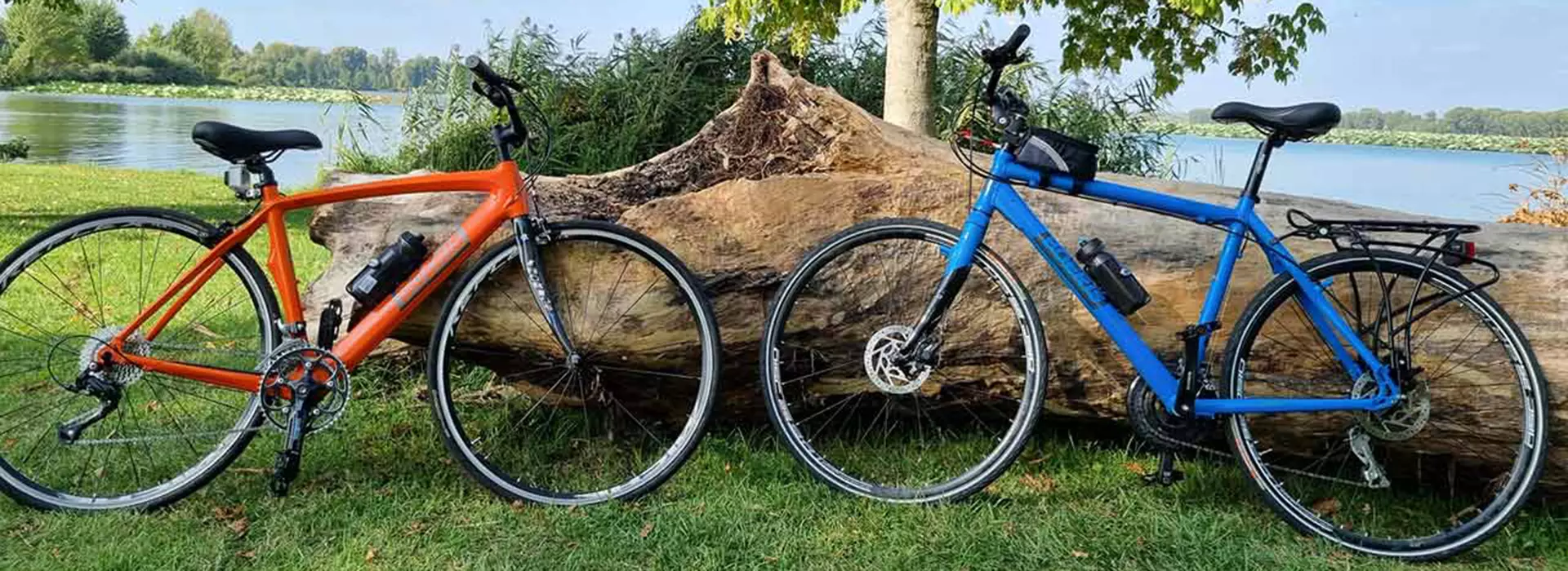 Due bici Boeris Bikes torino una arancione e una blu appogiate su un tronco caduto davanti al fiume Mincio