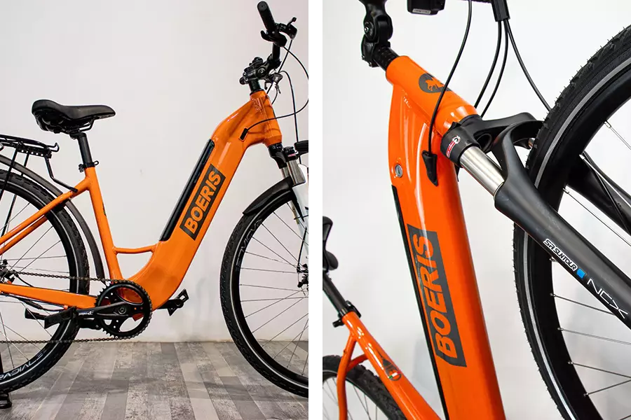 Due immagini di dettagli di una E-bike E-trekking Puma Boeris Bikes Torino arancione