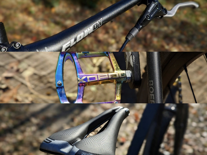 3 immagini dettaglio pedale multicolore, sellino e cambio di una MTB Volcano Pro di Boeris Bikes Torino fotografata in un bosco