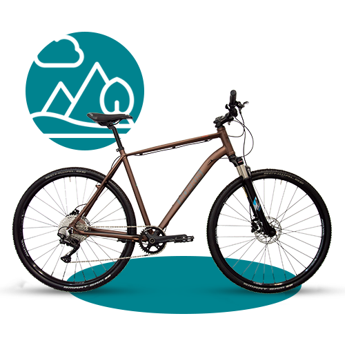 trekking bike lite weight tour Boeris Bikes Torino colore bronzo con icona stilizzata di una collina color ottanio