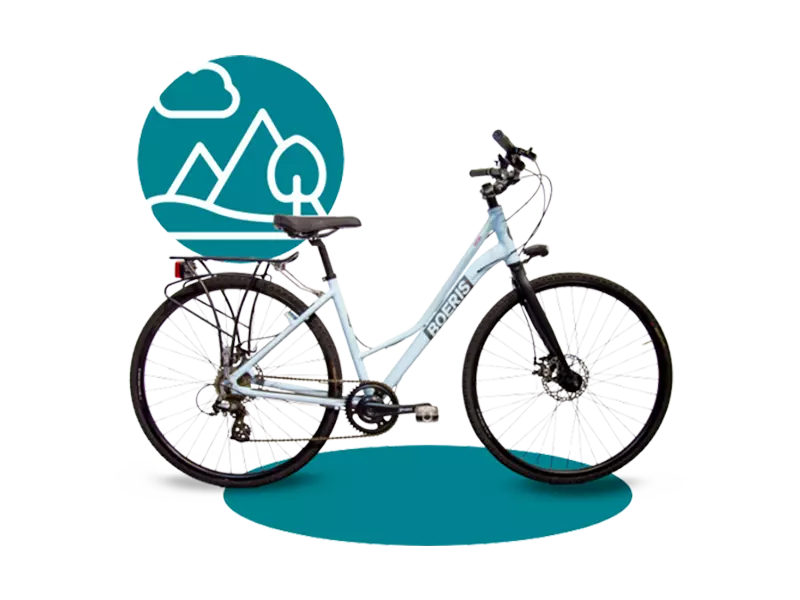 trekking bike day trip Boeris Bikes Torino colore azzurro pastello con icona stilizzata di una collina color ottanio