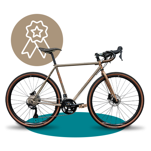 Gravel Cento 15 color ruggine di Boeris Bikes Torino con icona stilizzata di una coccarda per la bici anniversario color beige