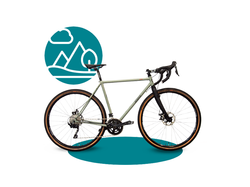 Gravel Serie X Perfromance verde di Boeris Bikes Torino con icona stilizzata di una strada color ottanio