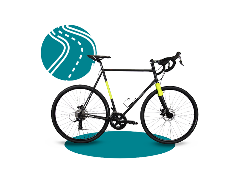 Gravel Serie X nera e gialla di Boeris Bikes Torino con icona stilizzata di una strada color ottanio