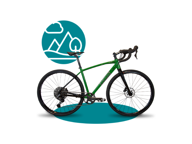 Gravel Taiga Verde di Boeris Bikes Torino con icona stilizzata di una strada color ottanio