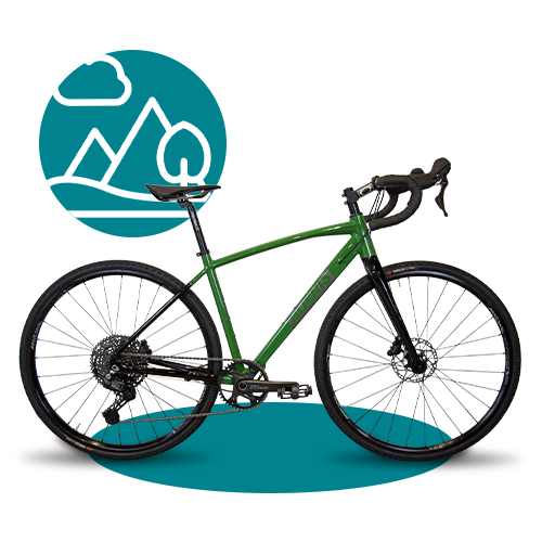 Gravel taiga verde di Boeris Bikes Torino con icona stilizzata di una strada color ottanio