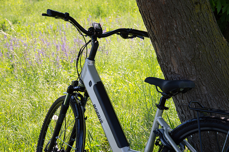 Vega di Boeris Bikes è un’ebike e-trekking dal design moderno ed ergonomico, con batteria integrata e componenti pensati per comfort, autonomia e libertà di movimento. Ebike e-trekking Vega di Boeris Bikes appoggiata a un albero in un prato verde