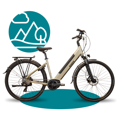 e-bike e e-trekking Vega di Boeris Bikes Torino con icona stilizzata di una collina color ottanio
