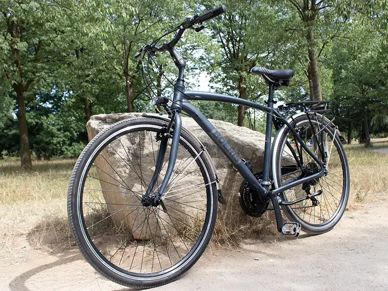 Fotografia di una city bike urban travel nera di Boeris Bikes Torino appoggiata su una roccia in un parco cittadino
